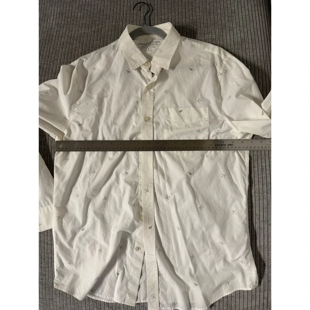 Banana Republic Luxe Poplin Mens Large Slim Fit White Airplane Print Button Down